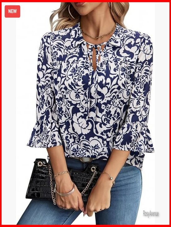 Tops - 3/4 Sleeve Ruffle Polo Shirt Floral Tie Front Blouse Business Casual Top
